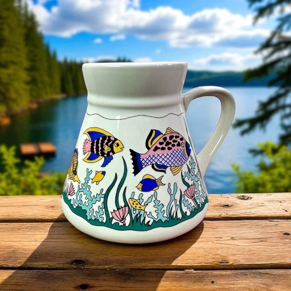 Cape Shore Ceramic No-Slip White Travel Coffee Mug With Handle Fish Ocean Sea